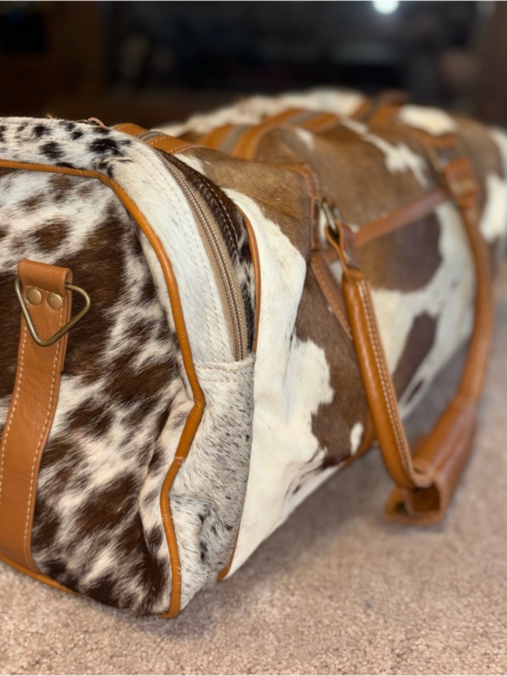 Myra Bag Cowhide Duffel Bag with Tan Leather Trim - Picture 3 of 13